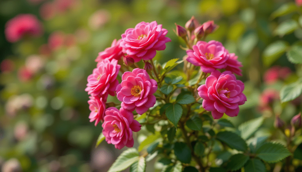 Close-up of blooming button rose plant (Rosa chinensis minima) with bright pink and red miniature roses surrounded by green leaves in a sunny garden setting.