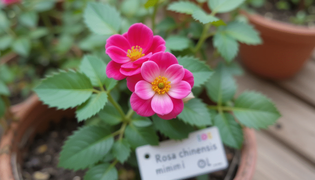 Miniature button rose flowers in pink and red colors growing on a healthy potted plant with a botanical name tag in a garden.