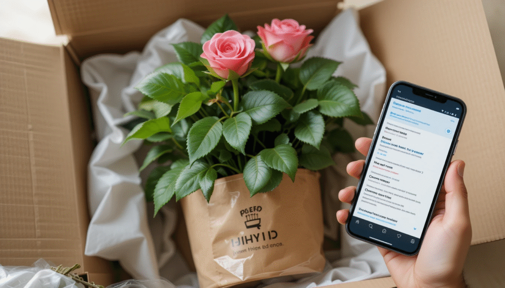 Person unpacking a button rose plant from a delivery box with protective packaging, holding a smartphone showing customer reviews.