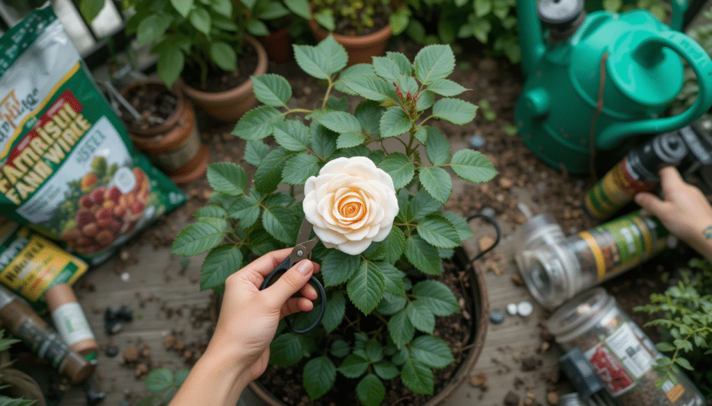 Hands pruning a button rose plant with small scissors surrounded by gardening supplies like fertilizer and pest control spray.