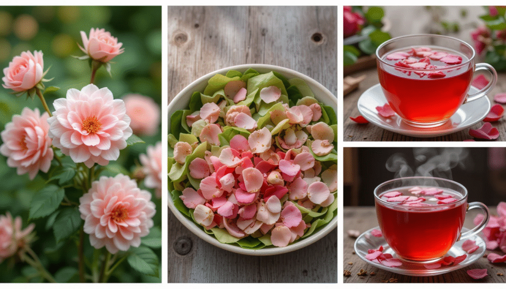 Collage of button rose flowers, rose petals in a salad bowl, rose water with petals, and a cup of rose herbal tea showing different uses.