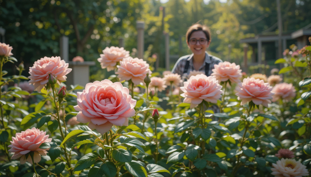 Sunlit garden with flourishing button rose plants and a smiling gardener enjoying the vibrant blooms outdoors.