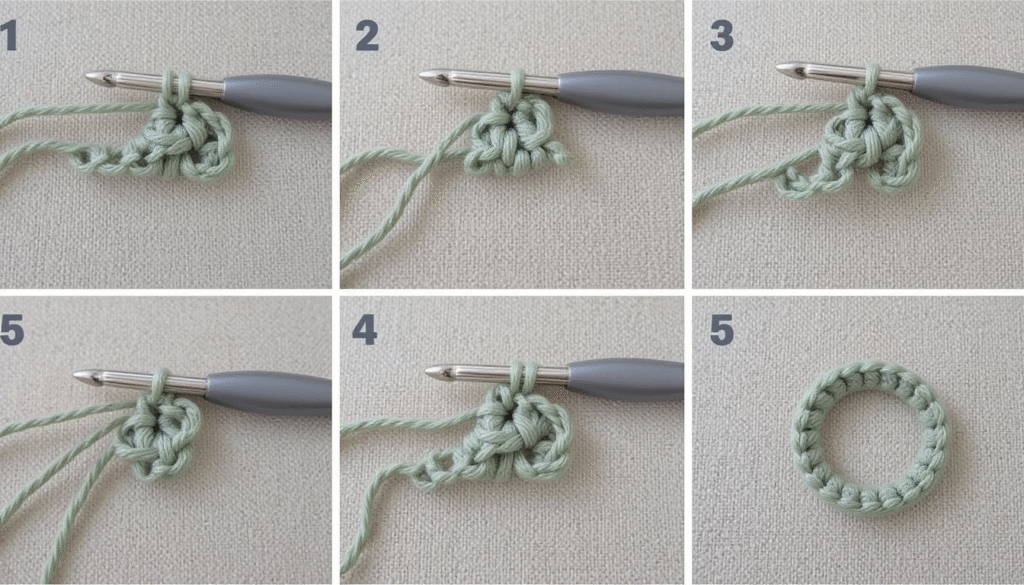 Step-by-step images demonstrating basic crochet stitches including chain, single crochet, half double crochet, double crochet, slip stitch, and magic ring.