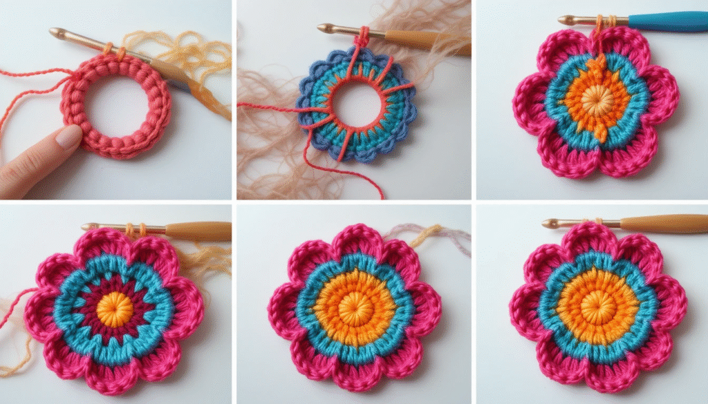 Step-by-step tutorial images of crocheting a flower for beginners, including magic ring, center, petals, and finishing.
