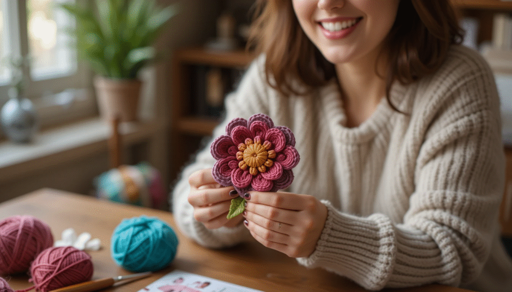 Happy crocheter holding a handmade flower, symbolizing learning how to crochet a flower for beginners.