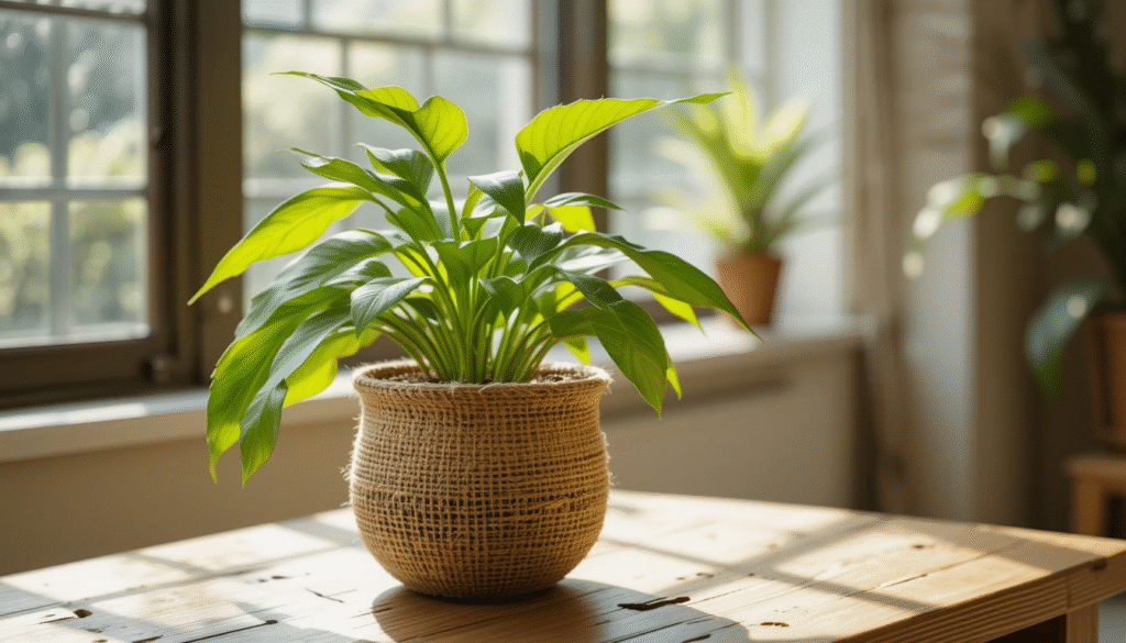 Stylish jute pot with green indoor plant on wooden table in sunlight, eco-friendly planter for home decor.