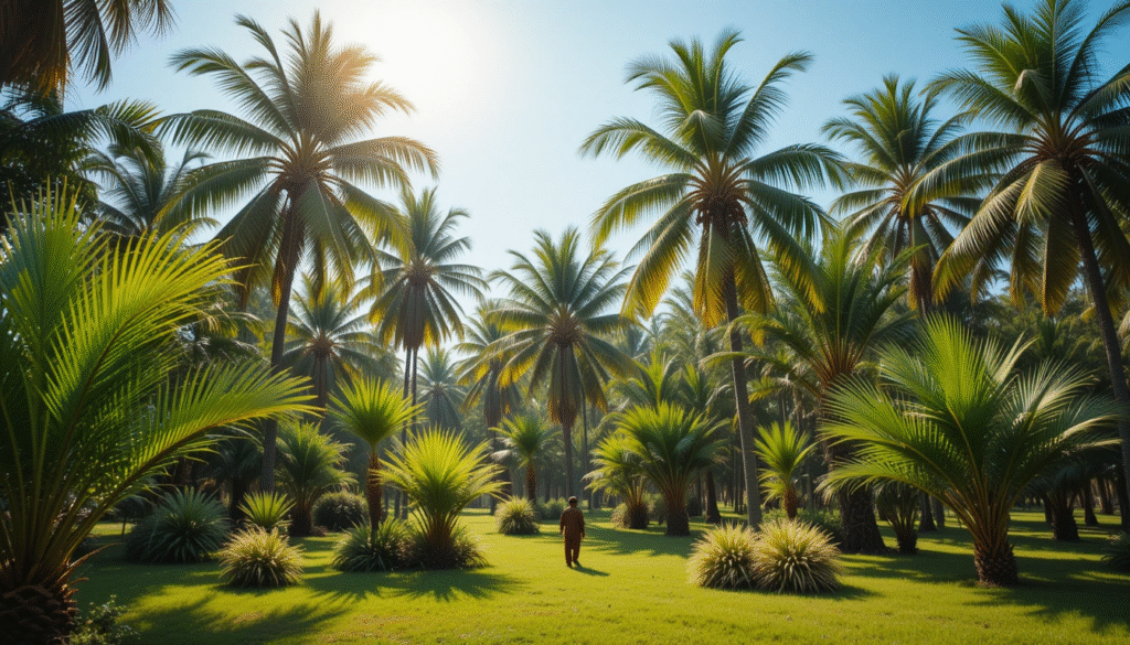 Variety of palm trees in an Indian garden including coconut, royal, and foxtail palms with a farmer inspecting them