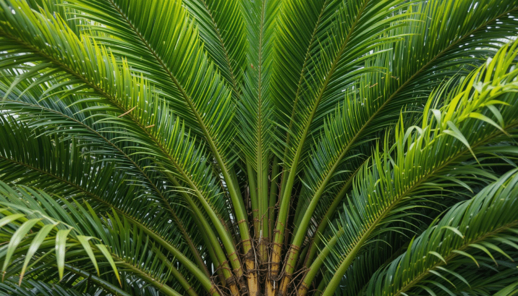 Close-up view of palm tree leaves and trunks highlighting their characteristics.