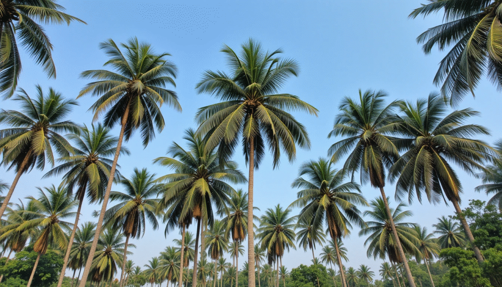 Popular palm varieties in India including coconut, areca, date, and palmyra palms.