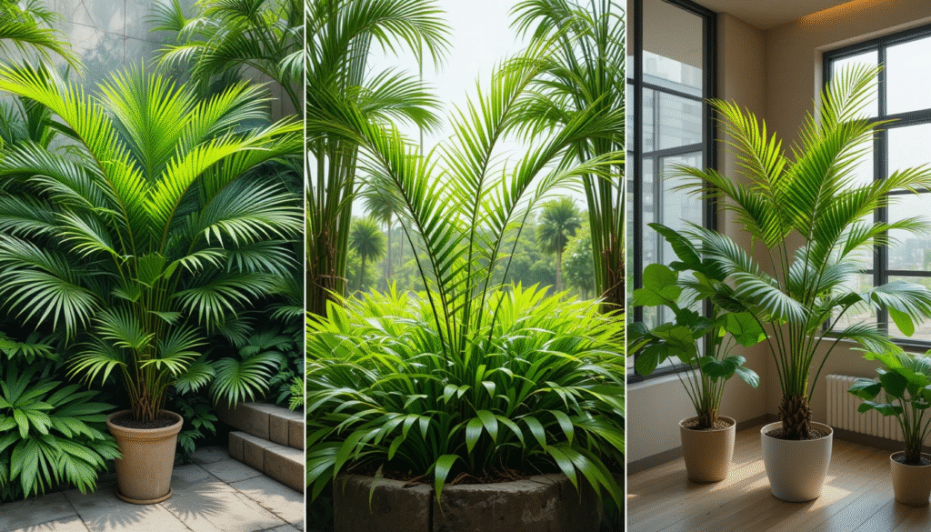 Three sections showing palms used for landscaping, agriculture, and indoor air purification with examples of each type