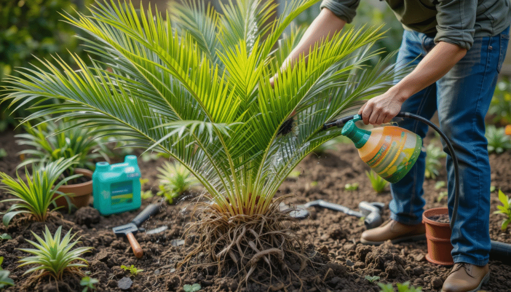 Gardener caring for a young palm tree by watering and pruning.
