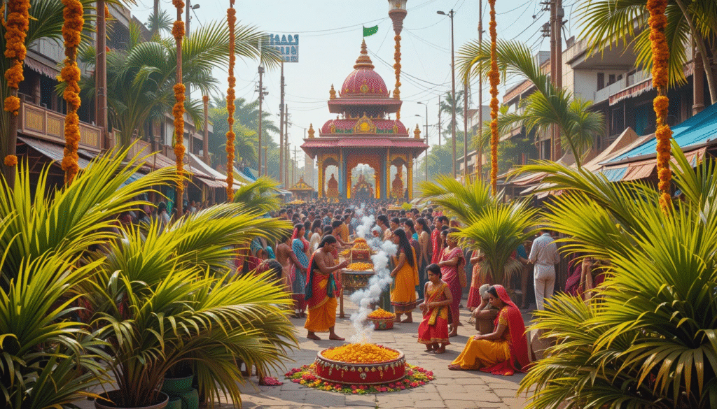 Colorful Indian festival scene featuring palm leaves used in decorations and traditional rituals.