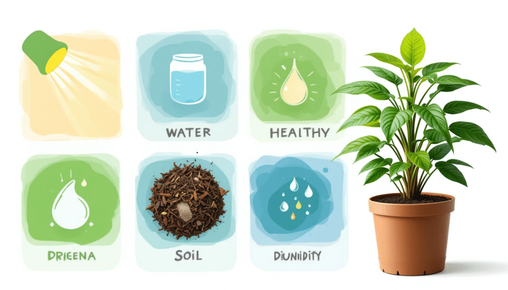 Dracena Mahatma care guide showing light, watering, soil, and humidity requirements