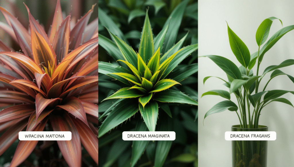 Comparison of Dracena Mahatma with Marginata and Fragrans highlighting visual differences