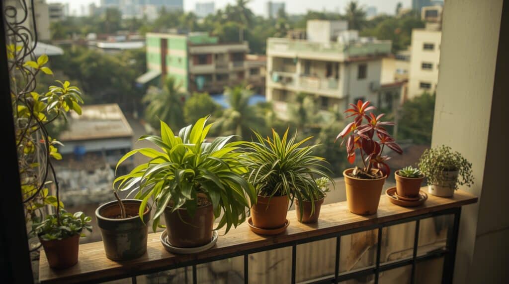 A cozy Indian apartment balcony garden with small potted plants like money plant, snake plant, spider plant, and succulents arranged neatly on a railing and wooden shelf, morning sunlight, warm tones, tropical urban view in the background, photorealistic, DSLR style.