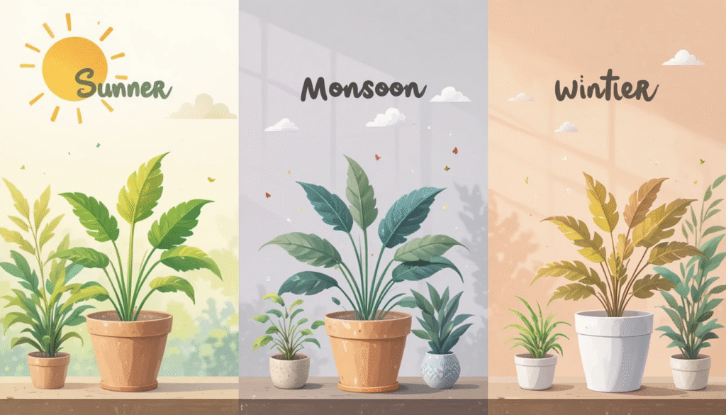 A visual of changing seasons around indoor plants — summer sun, monsoon humidity, and winter low light. Illustrated transitions or seasonal care symbols.
