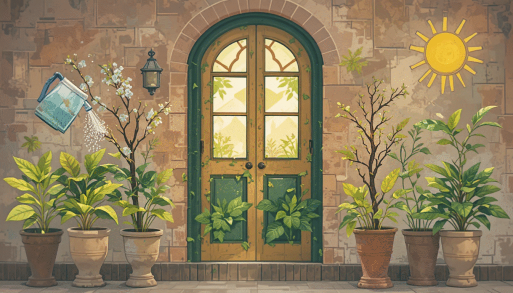 A checklist graphic beside indoor plants, showing icons for watering, pruning, cleaning leaves, and sunlight rotation. Clean, easy-to-read design with Indian home vibe.