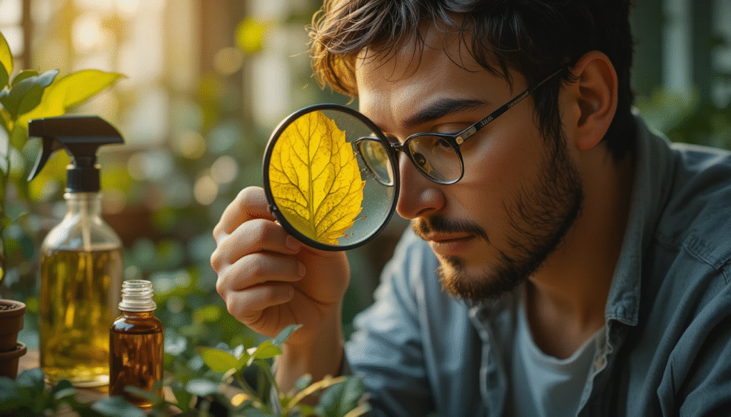 A plant owner inspecting a yellow leaf closely with a magnifying glass, nearby spray bottle and neem oil. Warm indoor light, educational yet relatable aesthetic.