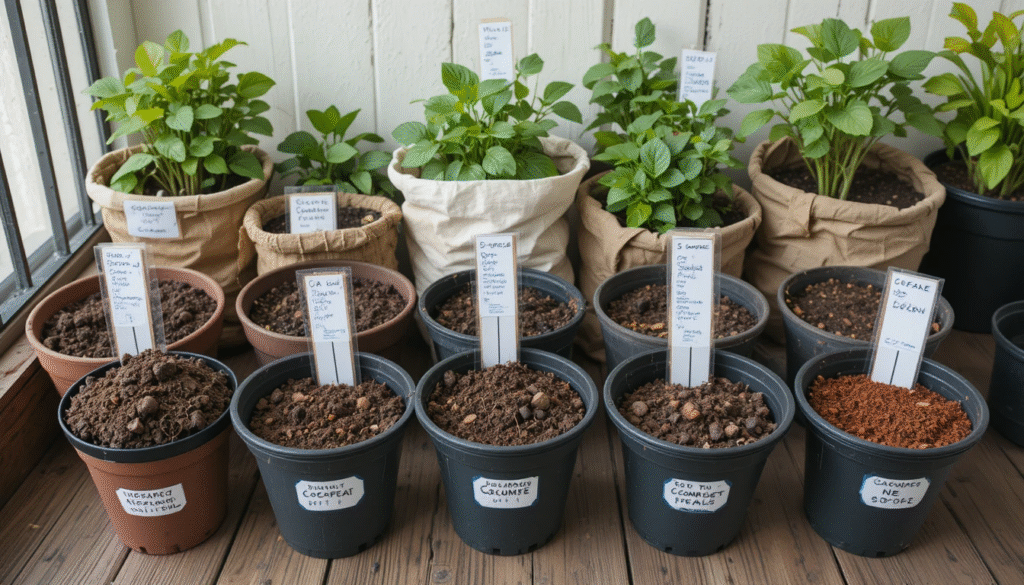 Assorted balcony garden containers — terracotta, fabric grow bags, plastic pots — with labeled soil mix ingredients (cocopeat, compost, red soil) displayed neatly on a wooden floor