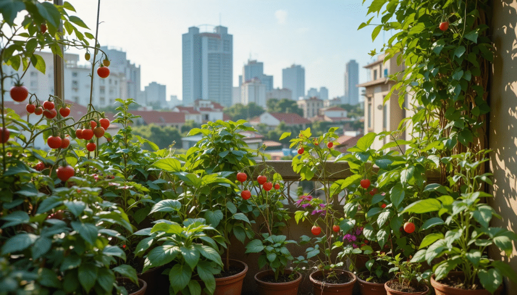 Vibrant Indian balcony garden with mix of sun-loving tomato and chilli plants, shade-loving pothos, and herbs like coriander and curry leaves — realistic photo with cityscape background.