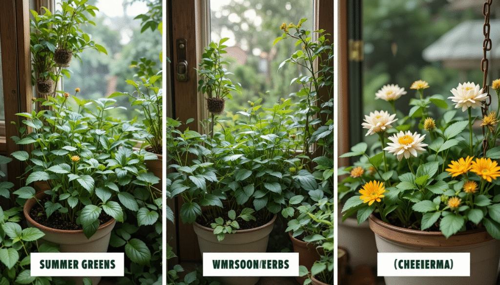 Collage-style image showing balcony plants thriving in different Indian seasons — summer greens, monsoon herbs, winter flowers — labeled months or regions (Delhi, Mumbai, Chennai).