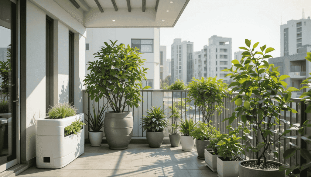 Modern Indian balcony with small hydroponic system and dwarf fruit trees in containers (lemon, guava), under partial sunlight — sleek, clean, realistic urban setting.