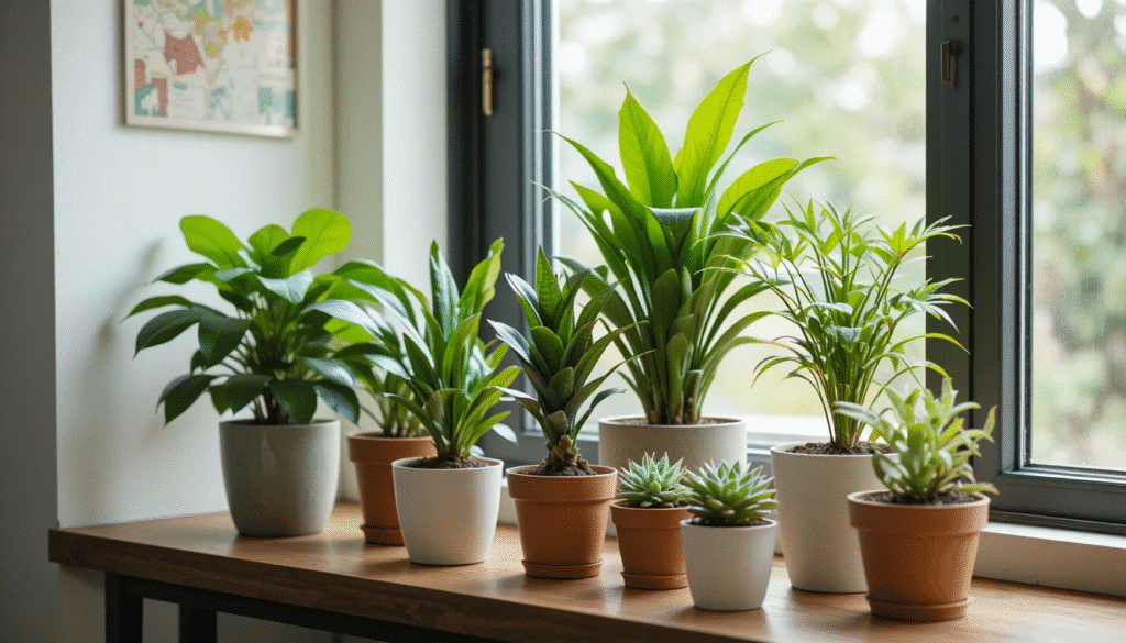 Top five small plants for Indian apartments displayed together near a window.