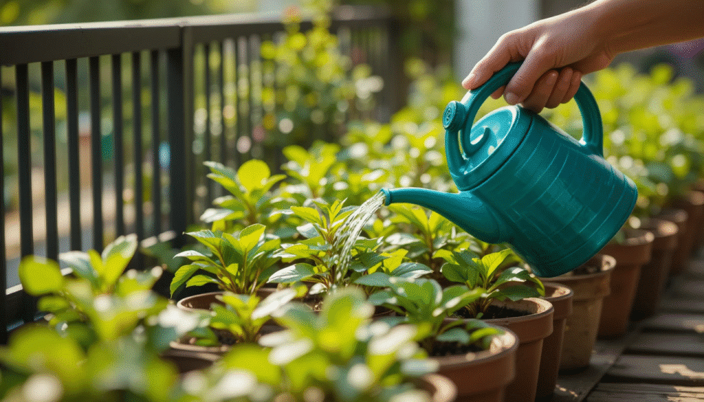 Person watering balcony plants on a sunny Indian morning.