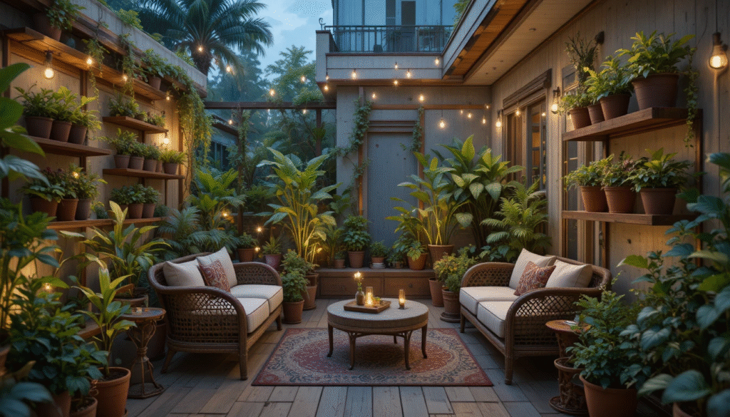 Vertical balcony garden with tiered planters and hanging pots in an Indian apartment.