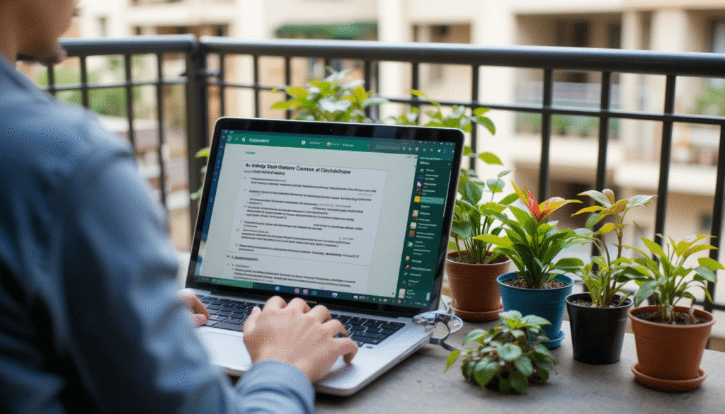 Person researching balcony gardening FAQs surrounded by plants.