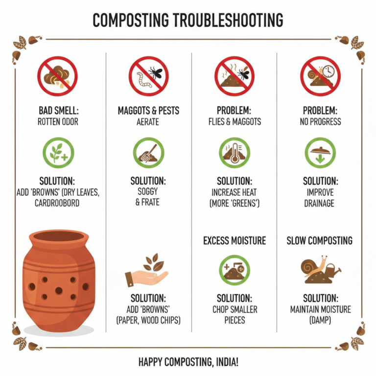 Even experienced composters encounter challenges. Here's how to troubleshoot the most common issues: Issue 1: Bad Smell - If your compost smells like rotten eggs or sewage, the problem is excess moisture and lack of oxygen. The fix is immediate: stop adding wet waste, mix thoroughly to introduce air, and add at least 50% more brown waste like dry leaves or shredded cardboard. Continue mixing daily until the smell disappears. Issue 2: Maggots/Flies - Finding maggots or fruit flies indicates exposed food waste. While maggots actually help decomposition, most people find them unpleasant. The solution is simple: always cover fresh kitchen waste with a 2-inch layer of cocopeat, dry leaves, or soil. Never leave food scraps exposed on top. Consider adding a handful of neem powder, which acts as a natural pest deterrent. Issue 3: Compost Not Heating Up - A cold compost pile suggests an imbalanced green-brown ratio or insufficient nitrogen. Add fresh green waste like vegetable peels, used tea leaves, or grass clippings to boost nitrogen content. Ensure the pile is large enough—very small quantities don't generate enough heat. Mix well to distribute the greens throughout. Issue 4: Slow Composting - If decomposition seems to take forever, several factors might be at play. Cold weather naturally slows the process, but you can accelerate it by placing your bin in a warmer spot. High moisture levels also slow breakdown—add browns and mix well. For a natural boost, add jaggery water (1 tablespoon jaggery dissolved in 1 liter water) to feed microorganisms and accelerate activity. Chopping waste into smaller pieces before adding also speeds decomposition significantly.