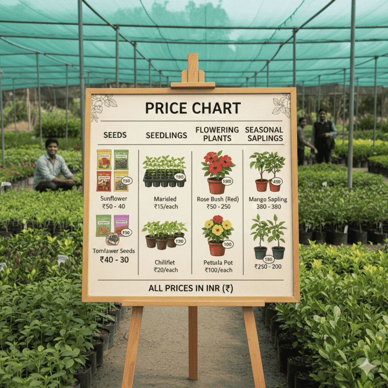 Price guide for seasonal plants in India including seeds, seedlings, and flowering plants.