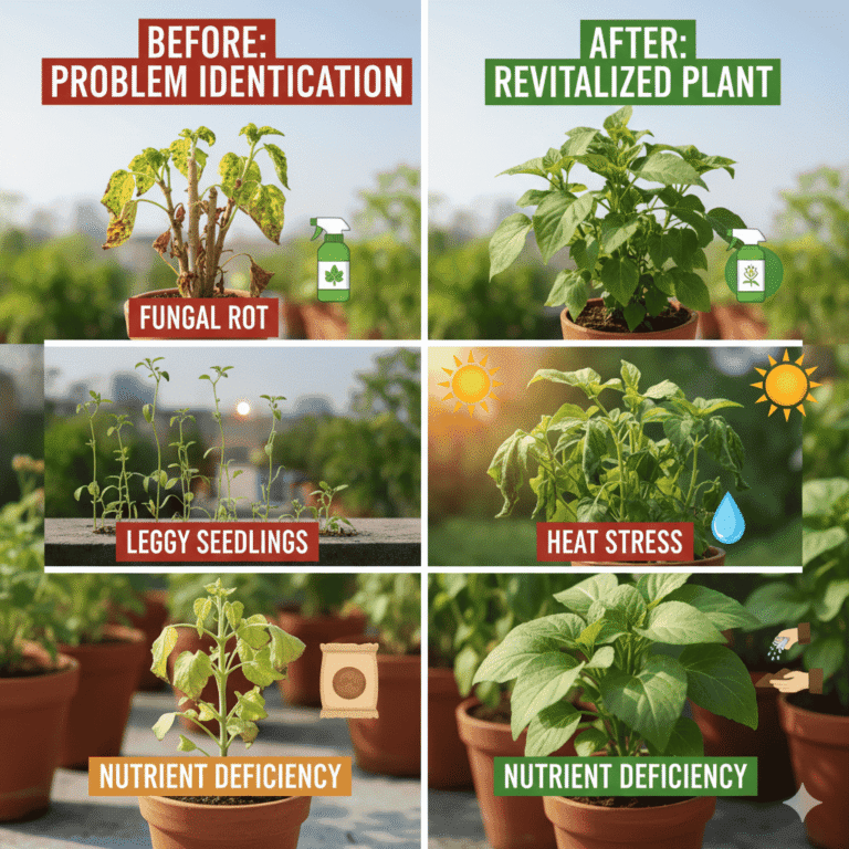 Common plant problems and solutions in Indian gardening such as fungal rot and heat stress