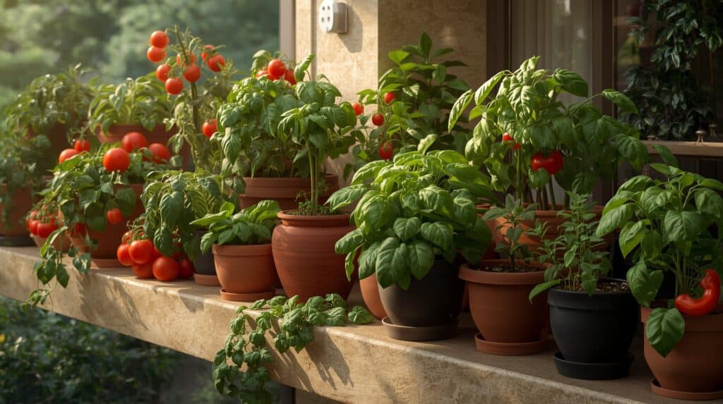 A modern Indian apartment balcony filled with potted vegetables (tomatoes, spinach, chillies), warm sunlight, terracotta and ceramic pots, lush greenery, ultra-realistic.