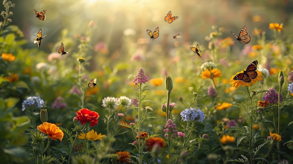 “Indian pollinator garden with native plants attracting bees and butterflies