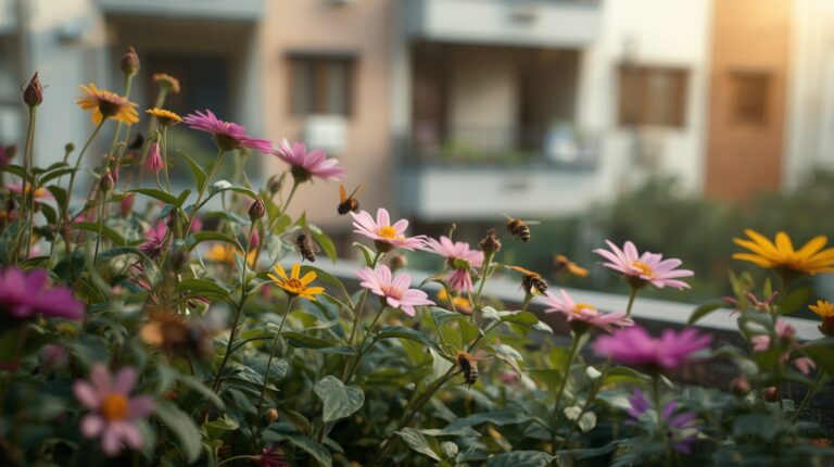 Native Indian plants growing in an urban balcony with pollinators