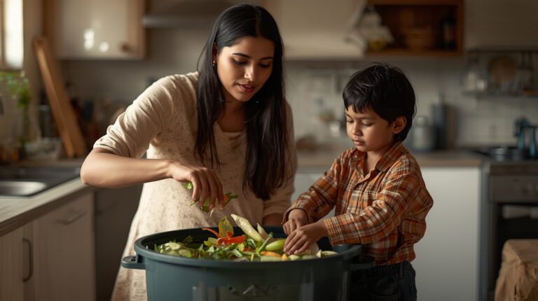 Indian family starting home composting by collecting kitchen waste.