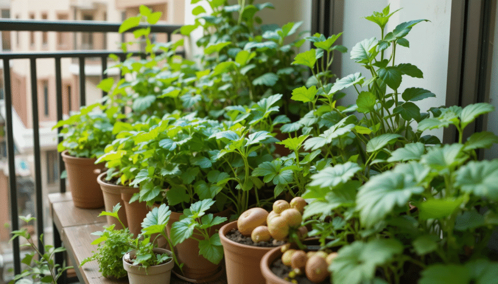A balcony vegetable garden with different vegetables growing in pots