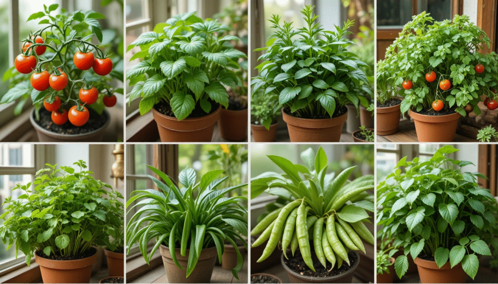 A clean collage grid showing top balcony-friendly vegetables: cherry tomatoes, spinach, coriander, methi, chillies, okra, beans, curry leaves. Each vegetable shown growing in pots on Indian-style balconies. Bright natural light, realistic textures, fresh green tones, arranged aesthetically like an Instagram gardening layout.”