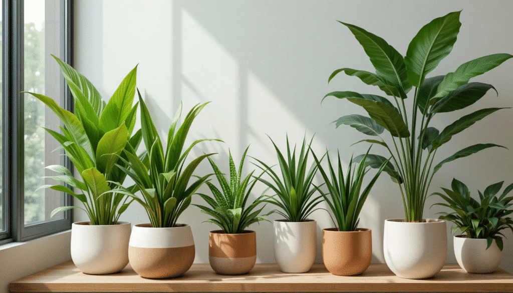 Ultra-realistic indoor plant scene featuring multiple low-maintenance plants like Snake Plant, ZZ Plant, Money Plant, Aloe Vera, and Areca Palm arranged in modern ceramic and terracotta pots. Soft natural light from a window, minimalistic Indian apartment interior, wooden shelf, clean aesthetic, fresh and calming ambiance. High detail, glossy leaves, crisp textures, premium lifestyle photography, 4K resolution, perfect for a blog hero banner on low maintenance plants India.
