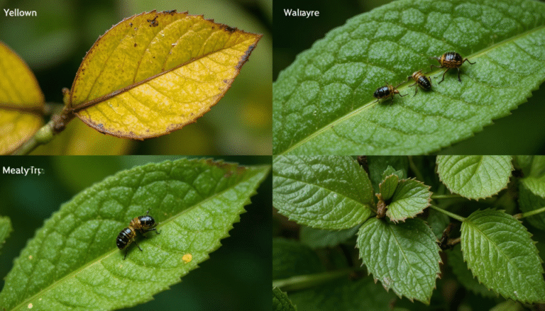 Close-up photography showing plant leaf issues like yellowing leaves, brown tips, mealybugs, drooping leaves. Divided into four square sections with subtle labels. High-detail macro shots, educational and visually clear.