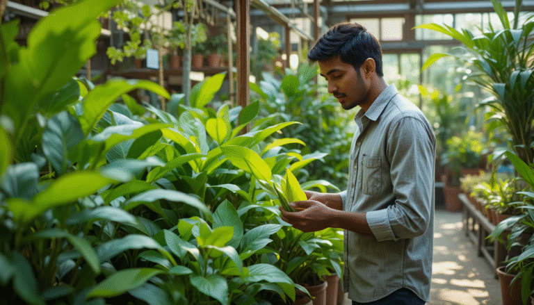 “Indian nursery or plant shop setup with a shopper inspecting plant leaves for quality. Natural lighting, vibrant greenery, money plant and areca palm visible. Realistic photography, helpful and inviting tone, 4K