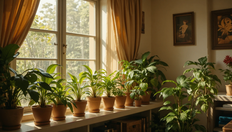 A peaceful indoor scene with multiple healthy low-maintenance plants arranged neatly on a shelf, perfect finishing aesthetic. Sunlight streaming through curtains, calm Indian home setting, warm tones, 4K editorial photo.