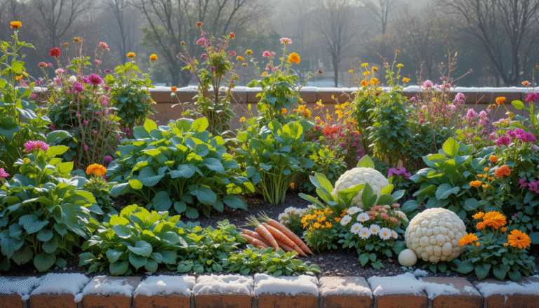 Winter season plants in India including carrots, peas, cauliflower and petunia flowers