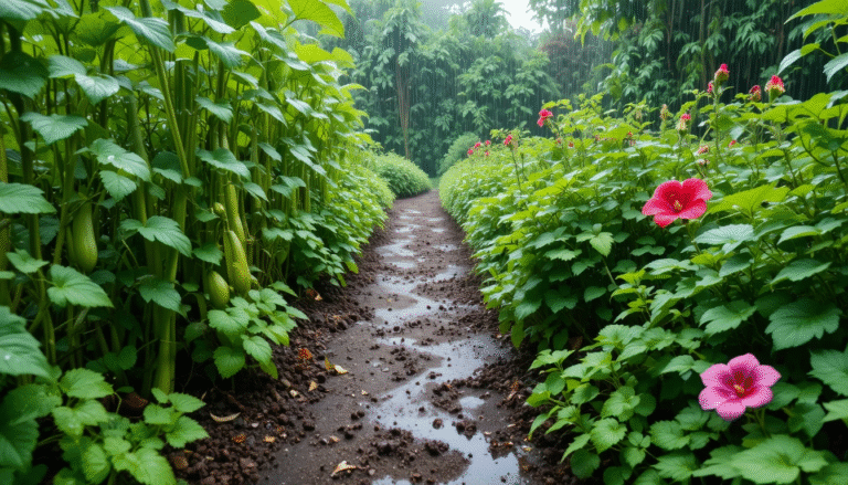 Monsoon season plants in India including beans, balsam flower, coriander, and pumpkin