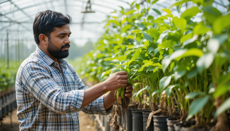Indian gardener checking native plants before buying