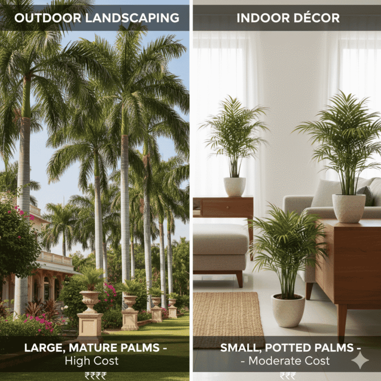 Comparison of palm trees for landscaping versus indoor décor in India