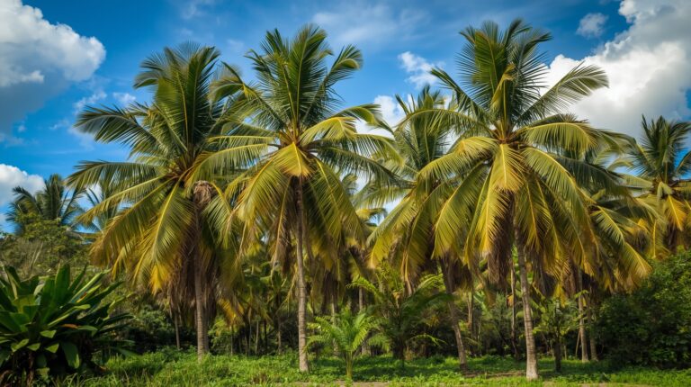 Palm trees thriving in warm Indian climate under sunlight.