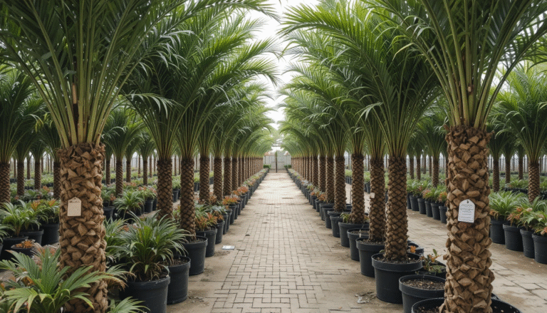 Palm trees for sale at an Indian nursery with prices.